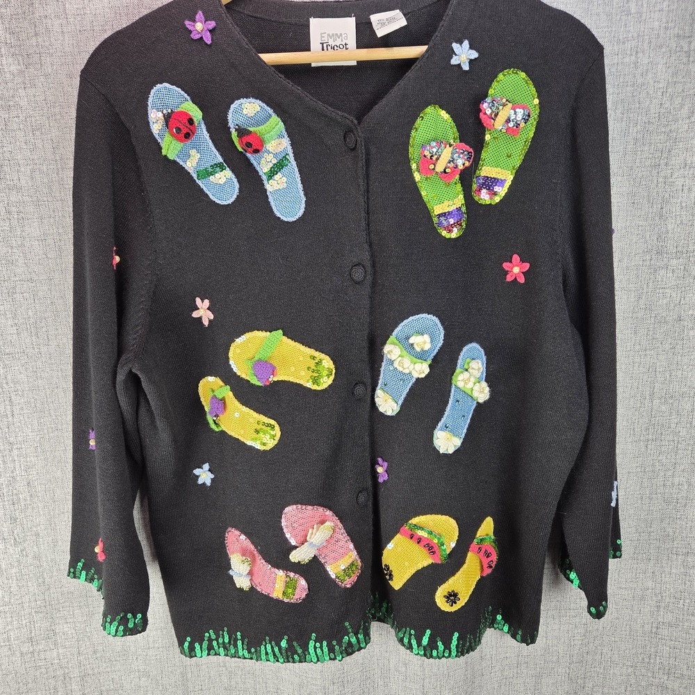 Emma Tricot 3D Sandals Sweater LG Womens Black Cardigan Novelty Sequined Beachy